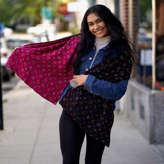 Beautiful Reversible Red Floral & Black Dot Silk Square Head Scarf |  Bleecker