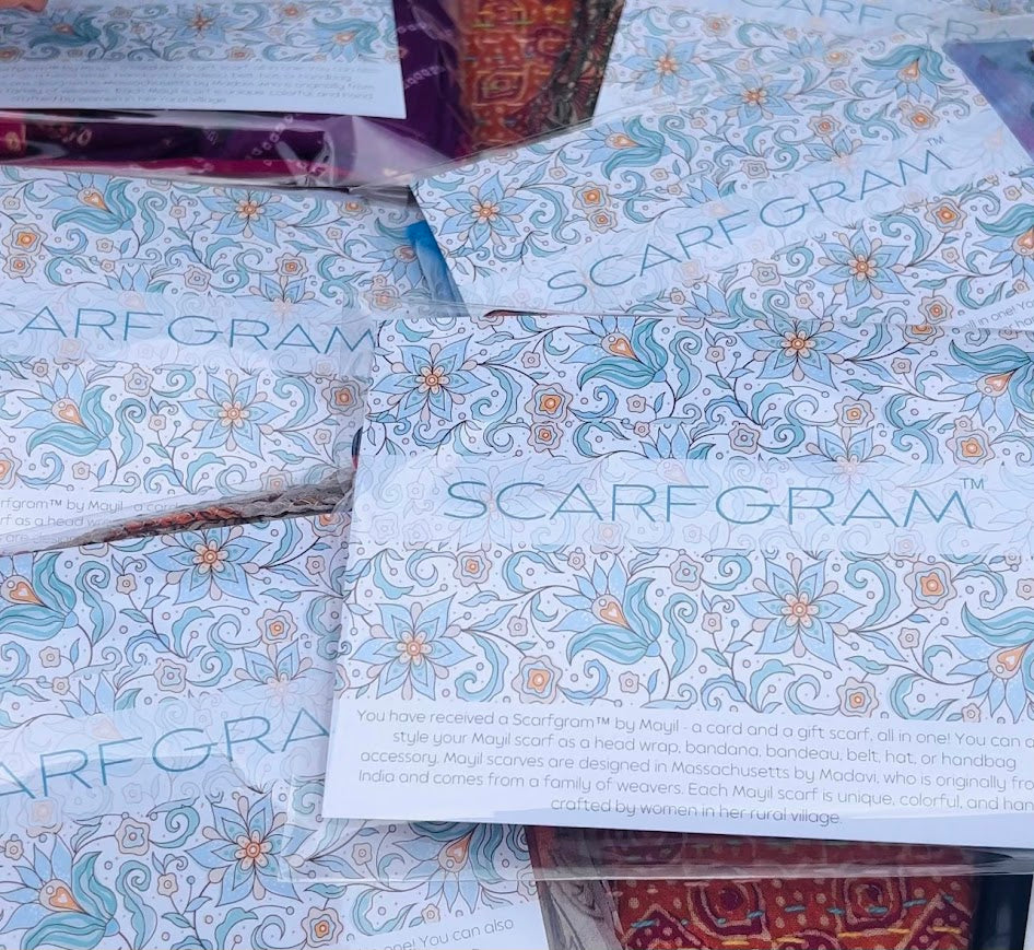 scarfgram is a scarf and handwritten postcard by MAYIL (trademarked)